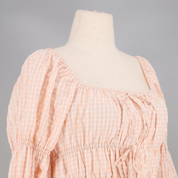 ENGLISH FACTORY Tie Detailed Gingham Shirring Top Long Sleeves Blush Pink Size L - Picture 6 of 10
